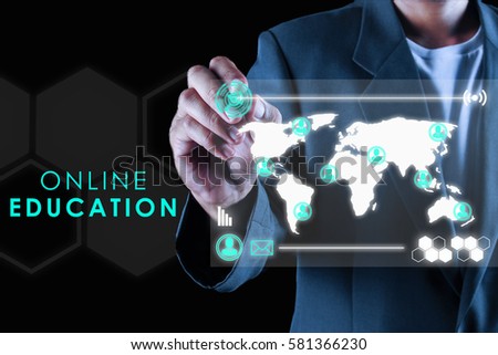 a business man pointing at a imaginary screen on a black background with text ONLINE EDUCATION