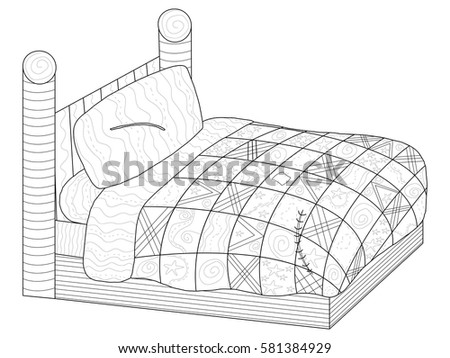 Bed with a patchwork quiltl coloring book for adults vector illustration. Anti-stress coloring for adult furniture. Zentangle style bedroom. Black and white lines comfort. Lace pattern
