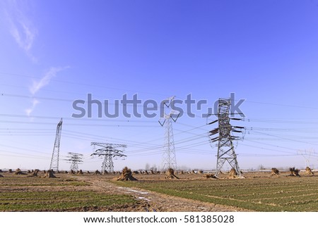 High voltage towers, under the background of blue sky 