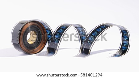 Coil of movie film with a section of the film unrolled showing the individual frames on a white background Royalty-Free Stock Photo #581401294