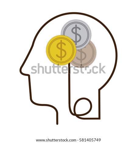 silhouette profile human head with coins with dollar symbol vector illustration