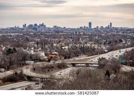 Boston skyline as seen from Middlesex Fells during winter time