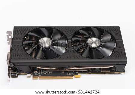 New modern gaming graphics card on white background, main component for VR gaming.   Royalty-Free Stock Photo #581442724