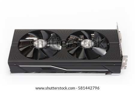 New modern gaming graphics card on white background, main component for VR gaming.  