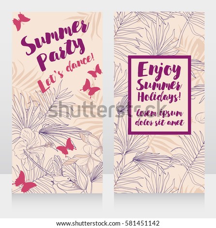 Cards for summer party with tropical decor, vector illustration