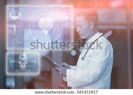 Medical biology interface in blue against male surgeon using digital tablet 3d