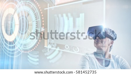 Composite image of volume knob with graphs against senior woman using virtual headset 3d