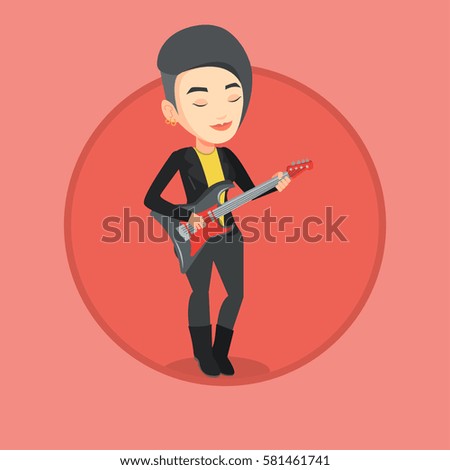 Young caucasian guitarist playing electric guitar. Girl practicing in playing guitar. Guitarist with closed eyes playing on guitar. Vector flat design illustration in the circle isolated on background