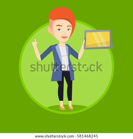 Student using a tablet for education. Student holding tablet computer and pointing finger up. Concept of educational technology. Vector flat design illustration in the circle isolated on background.
