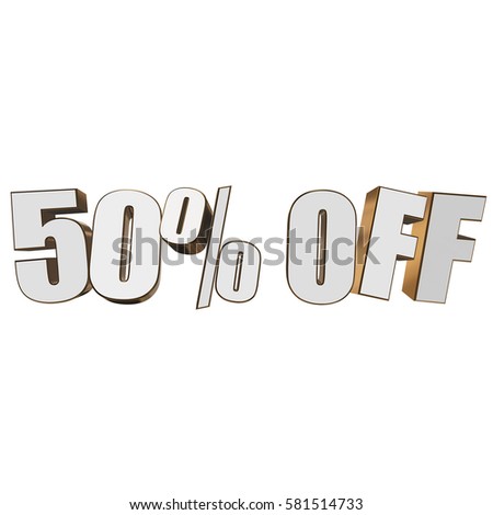 50 percent off letters on white background. 3d render isolated.