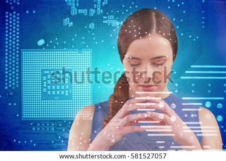 Thoughtful beautiful woman against micro parts in computer chip