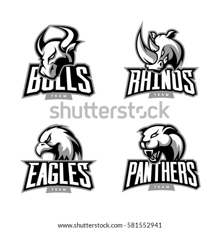 Furious rhino, bull, eagle and panther sport vector logo concept set isolated on white background. Web infographic team pictogram. Premium quality wild animal and bird t-shirt tee print illustration.