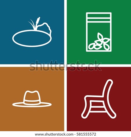 garden icons set. Set of 4 garden outline icons such as outdoor chair, hat, seed bag