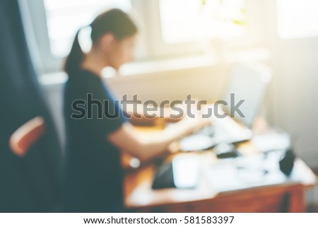Top View Young Beautiful Woman Working at Her Home Office Computer Documents Laptop Phone Businesswoman Working by Internet Home Table Blurred Background Toned
