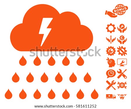 Thunderstorm Rain Cloud icon with bonus setup tools clip art. Vector illustration style is flat iconic orange symbols on white background.