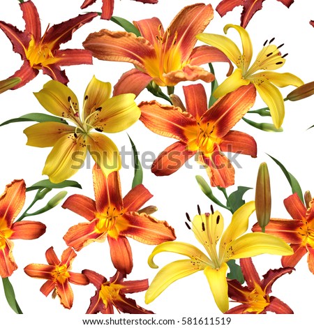 Vibrant floral pattern blossom flowers orange colour lilies seamless background. Amazing photo collage for floral design. 