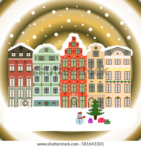 Vector illustration. Winter village night Christmas background.