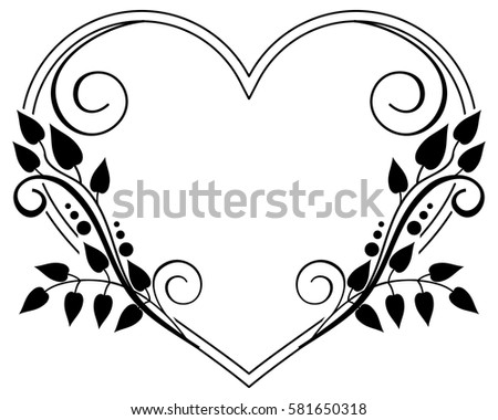 Heart-shaped black and white frame with floral silhouettes. Copy space. Vector clip art.