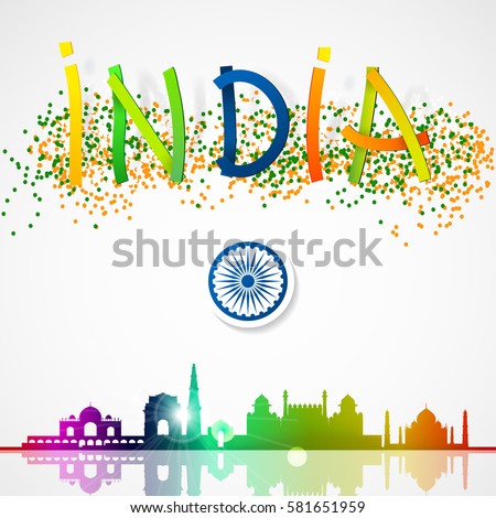India Lettering skyline with Architectural Buildings and national colors dots. Circle india symbol