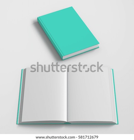Open and closed books with turquoise cover and blank pages isolated on white background. Include clipping path around each book. 3d render