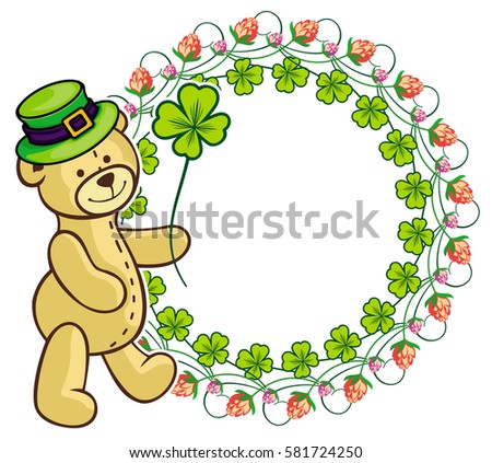 Clover frame and cute teddy bear in green hat. Copy space. Raster clip art.