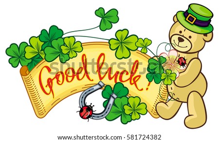 Clover frame and cute teddy bear in green hat. Copy space. Raster clip art.