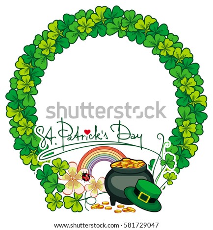 Round frame with shamrock and leprechaun pot of gold. St. Patrick Day background. Copy space. Raster clip art.