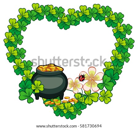 Funny heart-shaped frame with shamrock and leprechaun pot of gold. St. Patrick Day background. Copy space. Raster clip art.
