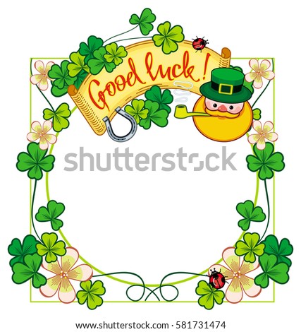 Funny round frame with shamrock, leprechaun and text "Good luck!". St. Patrick Day background. Copy space. Raster clip art.