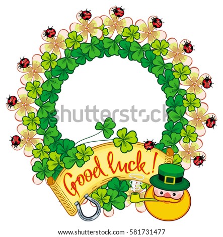 Funny round frame with shamrock, leprechaun and text "Good luck!". St. Patrick Day background. Copy space. Raster clip art.