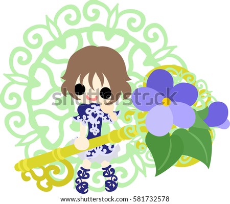 Illustration of a cute girl and a key of violet