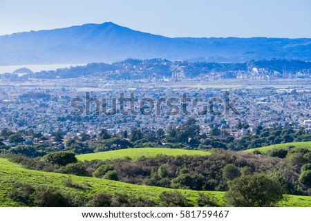 View towards Richmond from Wildcat Canyon Regional Park, East San Francisco bay, Contra Costa county, Marin County in the background, California