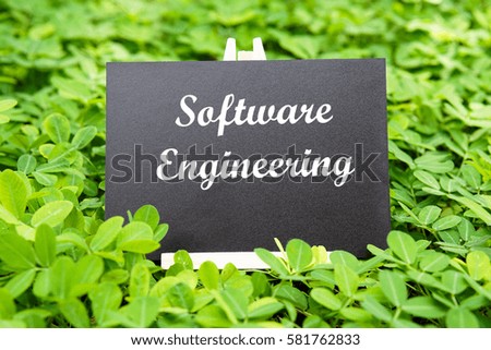 " Software Engineering " words written on blackboard with green grass background