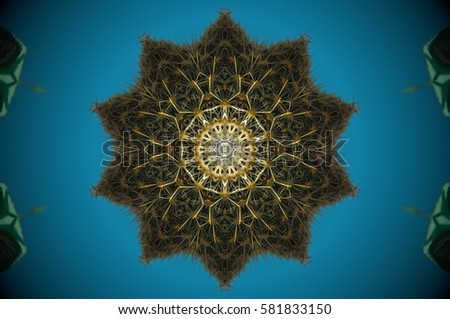 Blue background, green and white abstract cactus mandala shape