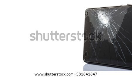 Smart phone with selective focus on the broken screen over white background