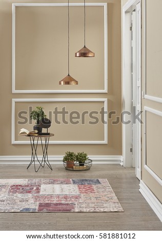 cream frame wall white door classical interior with copper lamp