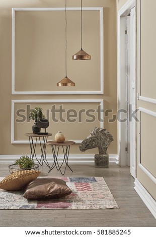 trending interior decoration cream color framed wall modern copper lamp and contemporary household accessories
