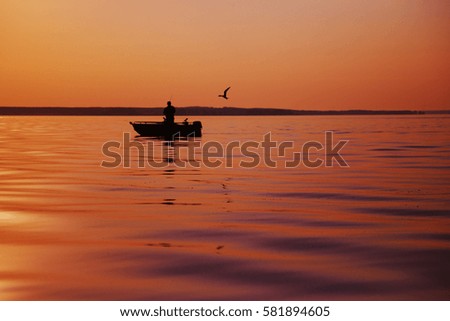 Amazing picture of fisherman fishing on sunset and seagull flying by