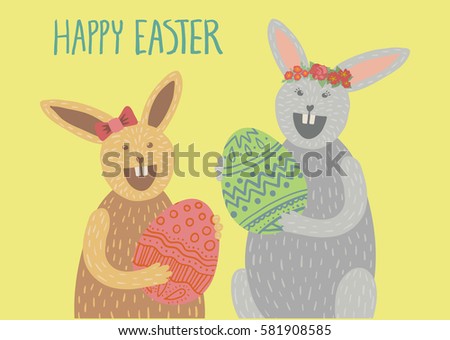 Happy Easter card. Couple of cute brown bunnies holding decorated egg, laughing, wearing red hair bow, flower crown. Hand drawn lettering. Yellow background. A6, A5, A4, A3 horizontal size.