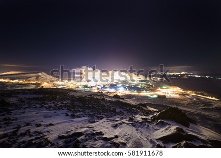 Night picture of steel works, view from top of the nearby mountain.