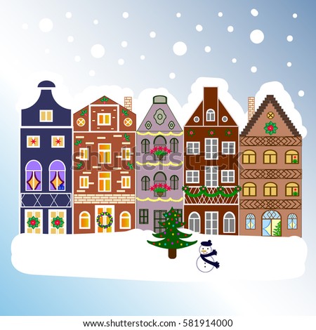 Christmas and Happy New Year greeting card. Flat Vector illustration. Winter house.