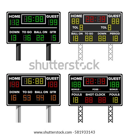 American Football And Basketball Scoreboard Set. Time, Guest, Home. Electronic Wireless Scoreboard Timer. Vector Illustration. Isolated On White Background