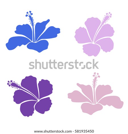 Collection of hour hibiscus flowers in blue and violet colors. Watercolor painting effect.
