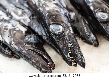 Fish on market, black scabbard (espada) in fish market Royalty-Free Stock Photo #581949088