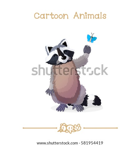 vector pic series Cartoon Animals. Amusing Animals. Raccoon and butterfly. Clip art isolated on transparent background. EPS10 without mesh 
