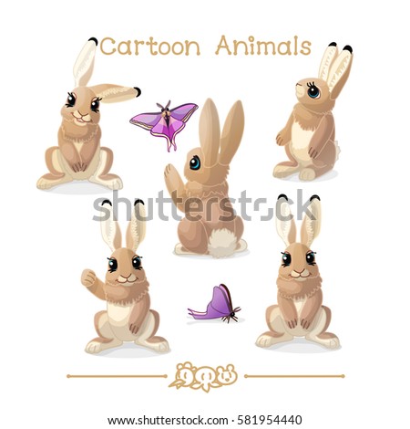 vector pic series Cartoon Animals. Amusing Animals. Hares and butterfly. Clip art isolated on transparent background. EPS10 without mesh