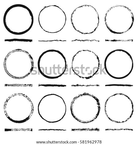 Vector set of round frames sloppy shape and texture made grunge brushes with hand-drawn ink blots. Frames in black color isolated on white background. The brush included in the file