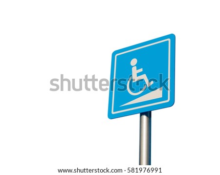 Disabled parking space and wheelchair way sign and symbols on a pole warning motorists isolate on white background