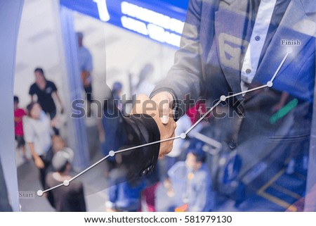 Businesspeople agreement success shaking hands with department store, Double exposure