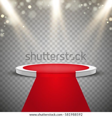 Red carpet and round podium with lights effect, abstract background, vector